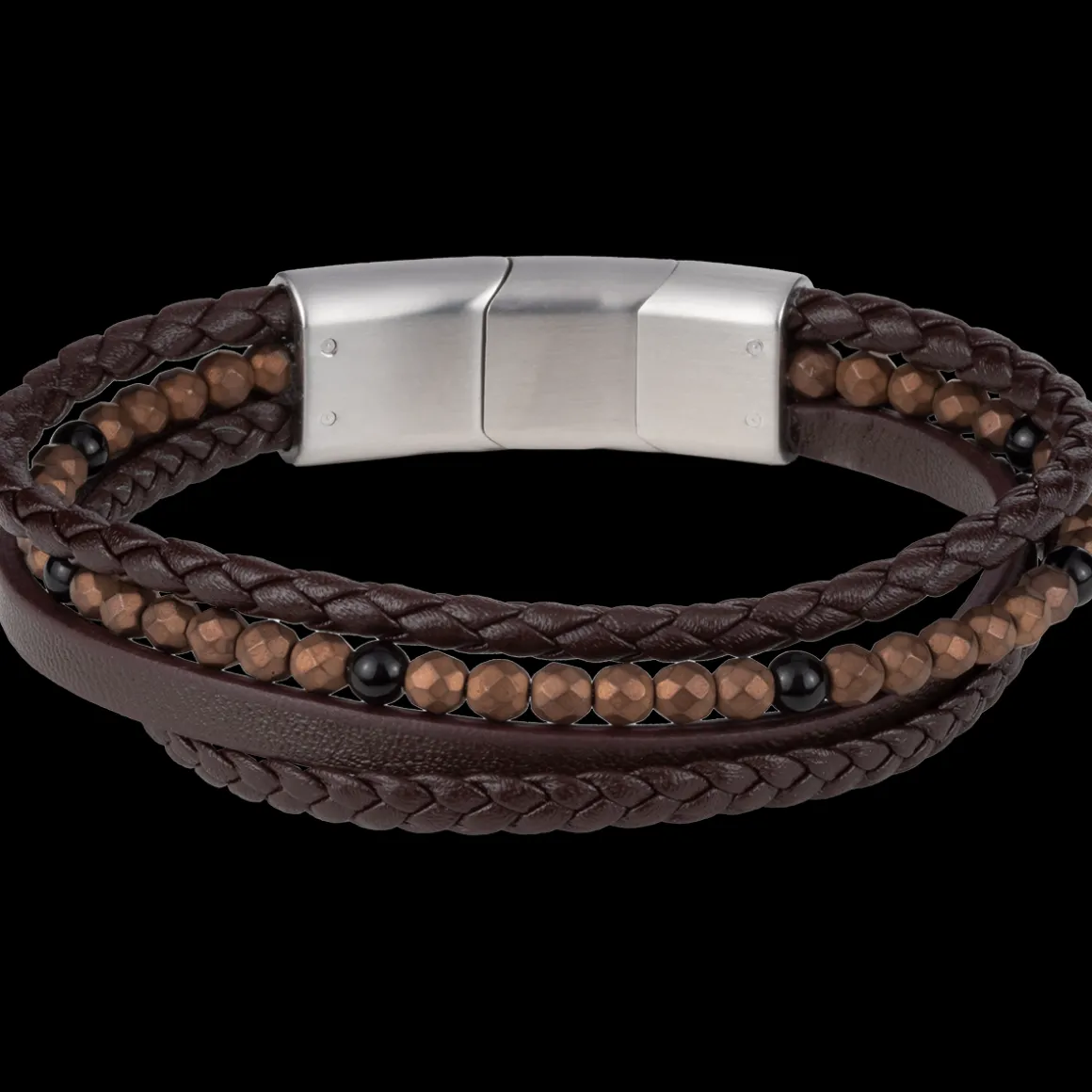Jacques Lemans Lederarmband mit Hematite/Onyx Perlen Best Sale